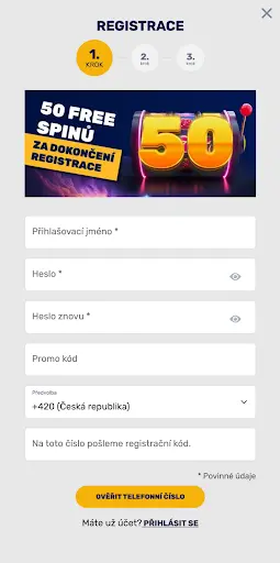 Registrační formulář Forbes Casino se vstupním bonusem 50 free spinů za dokončení registrace, krok 1 ze 3.