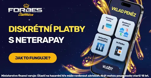 Mobilní telefon s obrazovkou zobrazující způsoby vkladu peněz v online casinu Forbes — platební karta, bankovní převod, peněženka NeteraPay a M-platba, na tmavě modrém vesmírném pozadí.