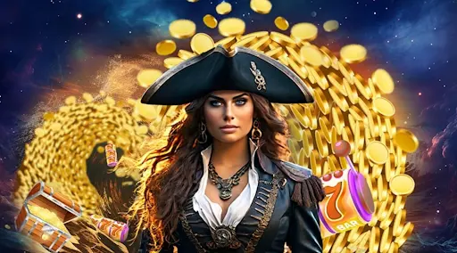 Forbes Casino — Pirátský Poklad a Zlaté Mince s Výherními Automaty Ilustrace Forbes Casino s pirátkou v černém klobouku, pokladem zlatých mincí, otevřenou truhlou a výherním automatem se symbolem 7.