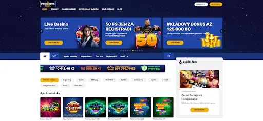 Domovská stránka Forbes Casino CZ s Live Casinem, bonusy za registraci a nabídkou výherních automatů Apollo.