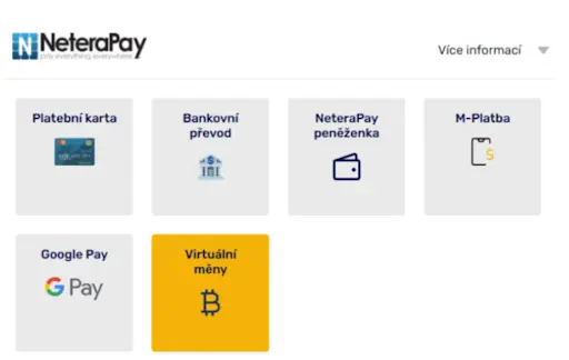 Platební metody Neterapay – možnosti platby kartou, bankovním převodem, Neterapay peněženkou, M-platbou, Google Pay a virtuálními měnami.