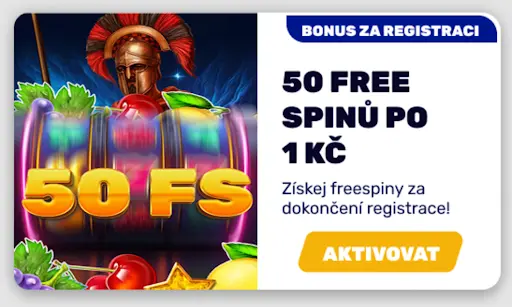 Forbes Casino — Bonus za registraci 50 Free Spinů na automatech. Výherní automat Forbes Casino se symboly ovoce, hvězdy a nápisem „50 FS“, doplněný o helmu římského vojáka. Vpravo text o bonusu za registraci – 50 free spinů po 1 Kč.