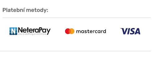 Platební metody – NeteraPay, Mastercard a Visa. Loga platebních metod NeteraPay, Mastercard a Visa vedle sebe na bílém pozadí s nadpisem „Platební metody“.