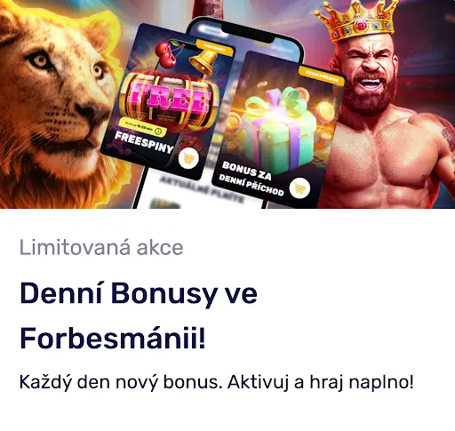 Propagační banner Forbes Casino s denními bonusy ve Forbesmánii, zobrazený lev s automatem, dárkovou krabicí a postavou krále v koruně.