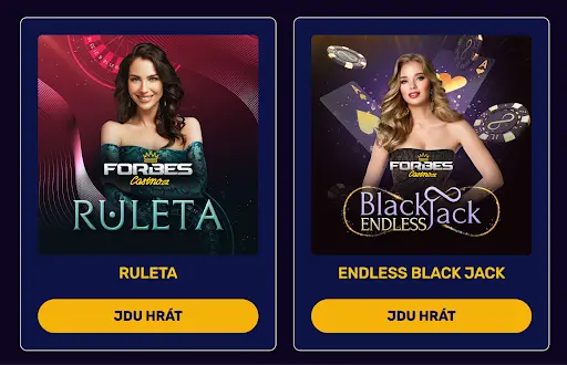 Forbes Casino — Ruleta a Endless Black Jack Online Promo obrázky her Forbes Casino — Ruleta s krupiérkou v zelených šatech a Endless Black Jack s krupiérkou ve večerní róbě.