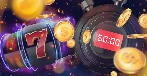 Forbes Casino — Slot 7 s Časově Omezenou Výhrou a Zlatými Mincemi. Výherní automat se symbolem červené sedmičky, kolem kterého létají zlaté mince s dolarovým znakem, vedle digitálního odpočítávacího časovače ukazujícího 60 minut.