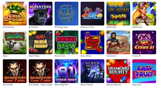 Výherní automaty Tech4Bet — Široký výběr slotů od klasiky po moderní hry. Galerie online automatů Tech4Bet, zobrazující výherní sloty jako 81 Multi Gold, 81 Panther, Bonus Fruit, Colosseum, Crown 81 nebo Easy Fruit.