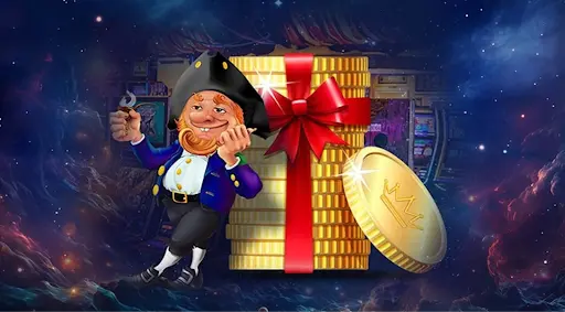 Forbes Casino — Bonusové Zlaťáky a Výhry se Skřítkem Ilustrace Forbes Casino s veselým skřítkem v pirátském klobouku, velkou hromadou zlatých mincí převázaných červenou stuhou a herním pozadím.