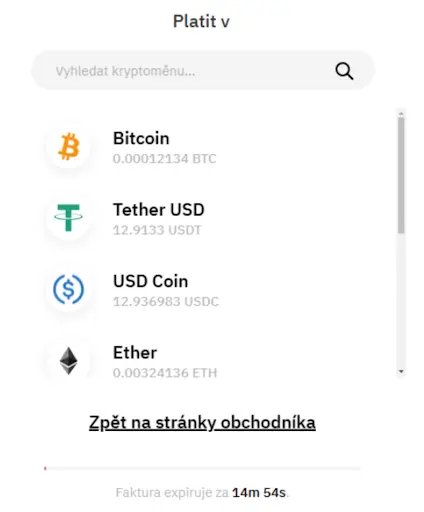 Platební rozhraní pro výběr kryptoměny s možností platby Bitcoinem, Tetherem USD, USD Coinem a Etherem, včetně vyhledávací lišty.