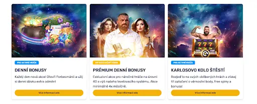 Forbes Casino — Denní Bonusy, Prémiové Akce a Karlosovo Kolo Štěstí Promo nabídky Forbes Casino — denní bonusy s kouzelným kotlíkem, prémiové denní bonusy s VIP hráčem a modelkami a Karlosovo kolo štěstí se slotem 777.