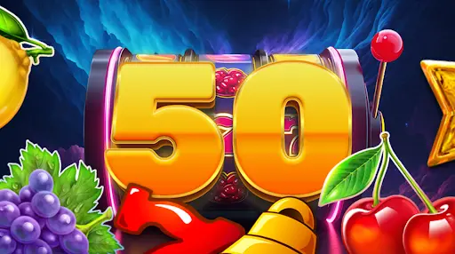 Forbes Casino — 50 Free Spinů jako Bonus na Výherním Automatu Barevná ilustrace výherního automatu Forbes Casino s velkým číslem 50, symboly ovoce, třešní, citrónu, hroznů, hvězdy a zvonu.