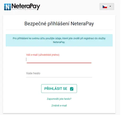 Přihlašovací stránka Neterapay s logem, políčkem pro e-mail, políčkem pro heslo a tlačítkem „Přihlásit se“.