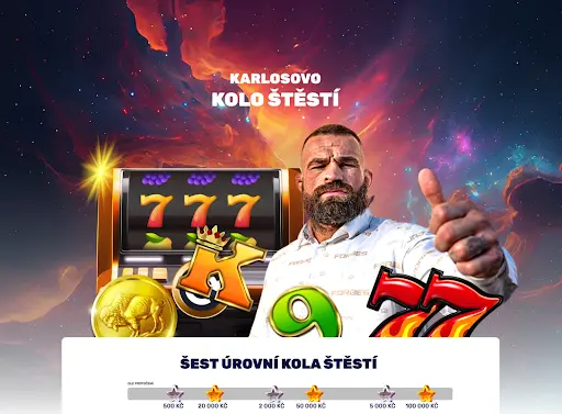 Forbes Casino — Karlosovo Kolo Štěstí se Šesti Úrovněmi Výher Promo banner Forbes Casino Karlosovo Kolo Štěstí s automatem 777, zlatou mincí a bojovníkem Karlosem ukazujícím gesto palce nahoru.