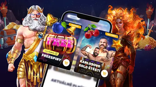 Forbes Casino — Free Spiny a Karlosovo Kolo Štěstí s Bonusy Promo ilustrace Forbes Casino s postavou Dia a ohnivou bohyní, mobilními kartami bonusů Free Spiny a Karlosovo Kolo Štěstí, v pozadí poklady a truhly se zlatem.