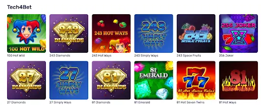 Zahraj si výherní automaty Tech4Bet — klasické sloty s ovocem, diamanty a jackpoty. Herní automaty od Tech4Bet s populárními tituly jako 243 Diamonds, 81 Emerald nebo 100 Hot Wild.