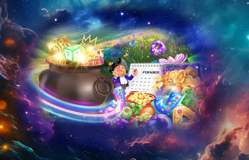 Forbes Casino — Denní bonusy se zlatým pokladem a free spiny Hrnec plný zlatých mincí a nápisů jako Free Spins vedle kalendáře Forbes, s malým skřítkem a barevnými symboly na pozadí hvězdné oblohy a kvetoucí louky.