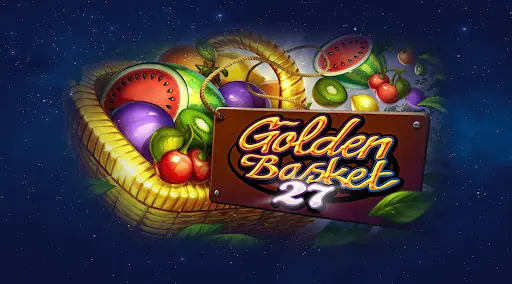 Golden Basket 27 — Výherní Automat s Ovocnými Symboly a Hvězdným Pozadím. Zlatý koš plný barevného ovoce včetně melounů, třešní, kiwi a švestek, s dřevěnou cedulkou nesoucí nápis Golden Basket 27 na pozadí noční oblohy s hvězdami.