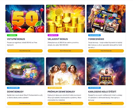 Přehled bonusových nabídek Forbes Casino — vstupní bonus 50 free spinů, vkladový bonus až 125 000 Kč, Forbesmánie s denními akcemi, denní bonusy, prémiové denní bonusy a Karlosovo kolo štěstí.