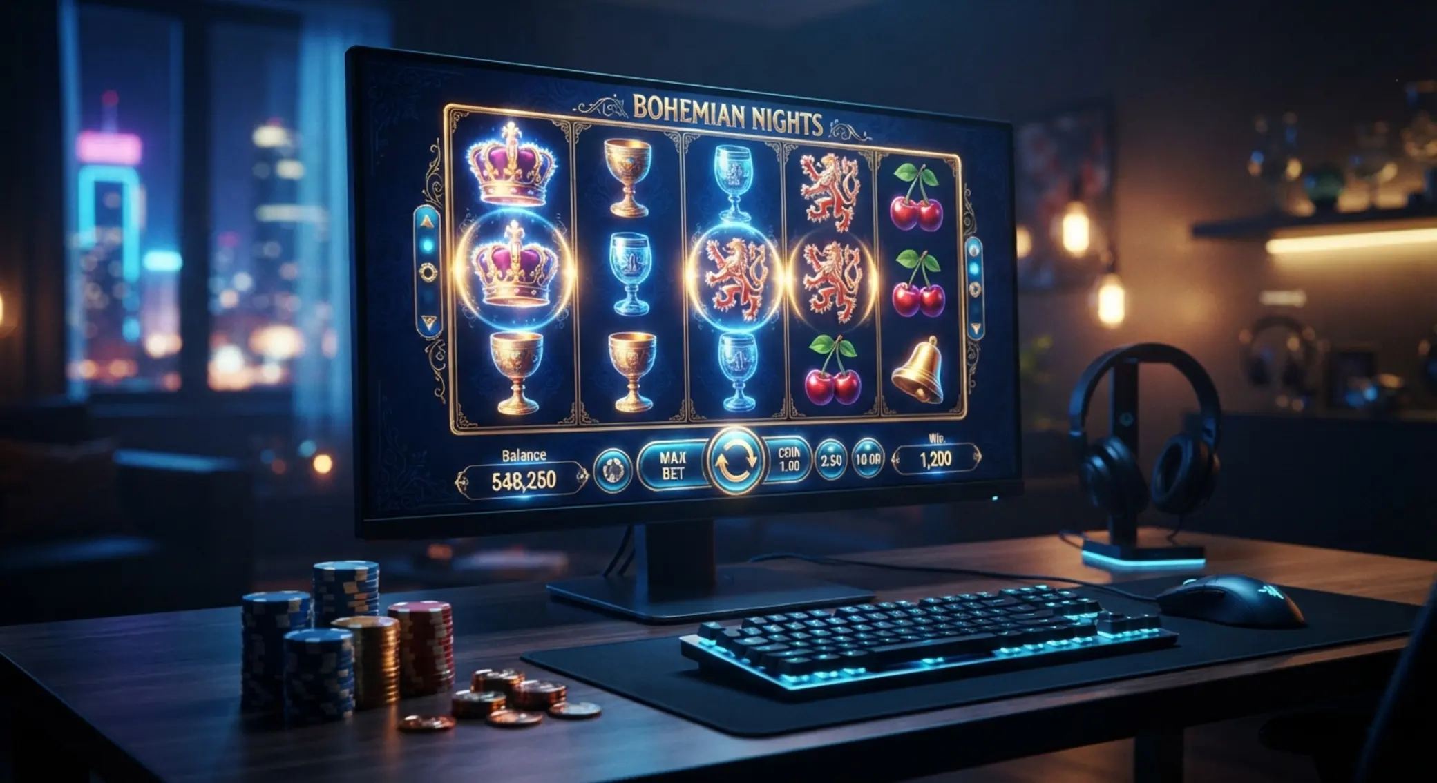Atmosféra online automatů na monitoru s herními symboly a žetony