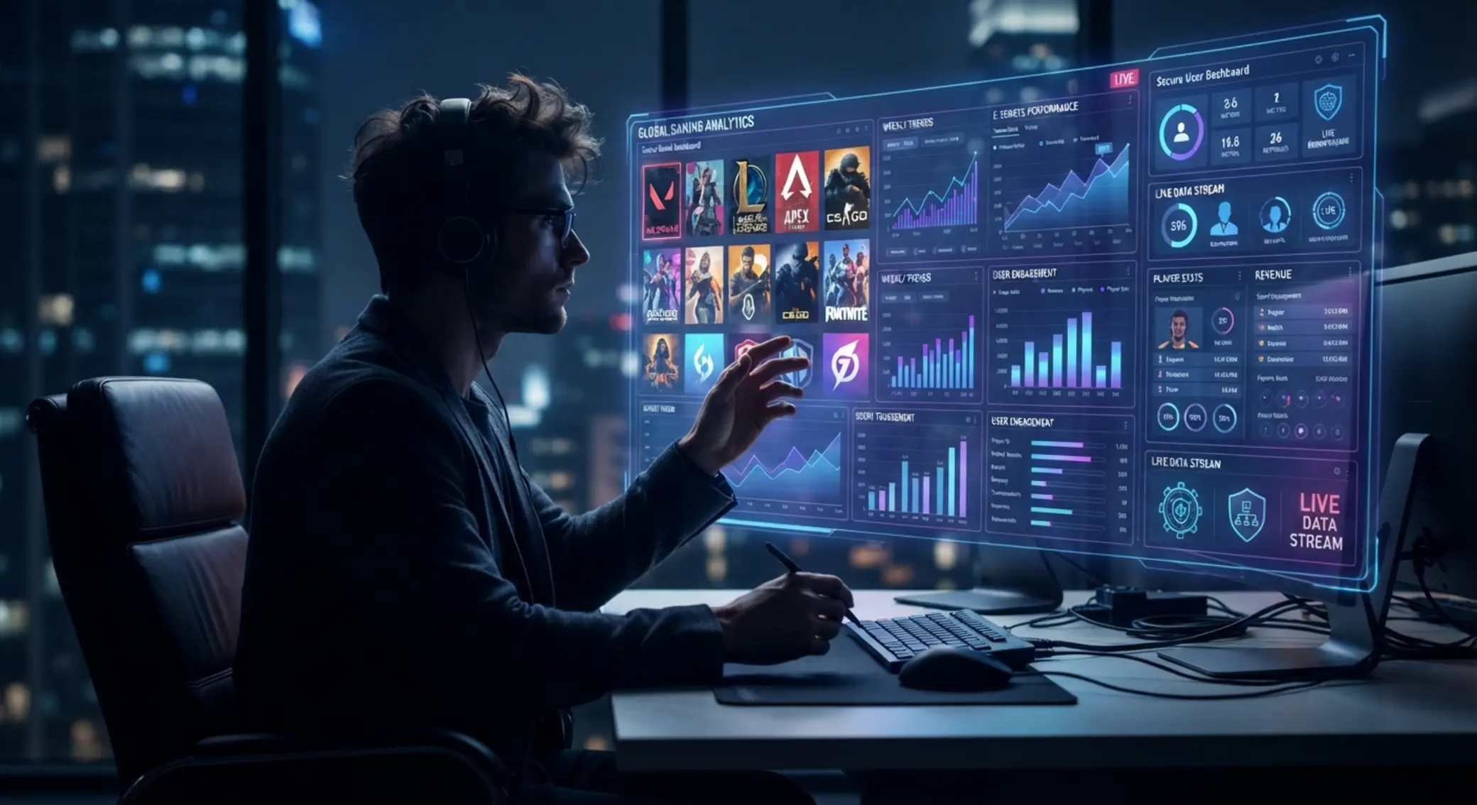 Ilustrační expert na iGaming a sportovní analýzu na digitálním pozadí
