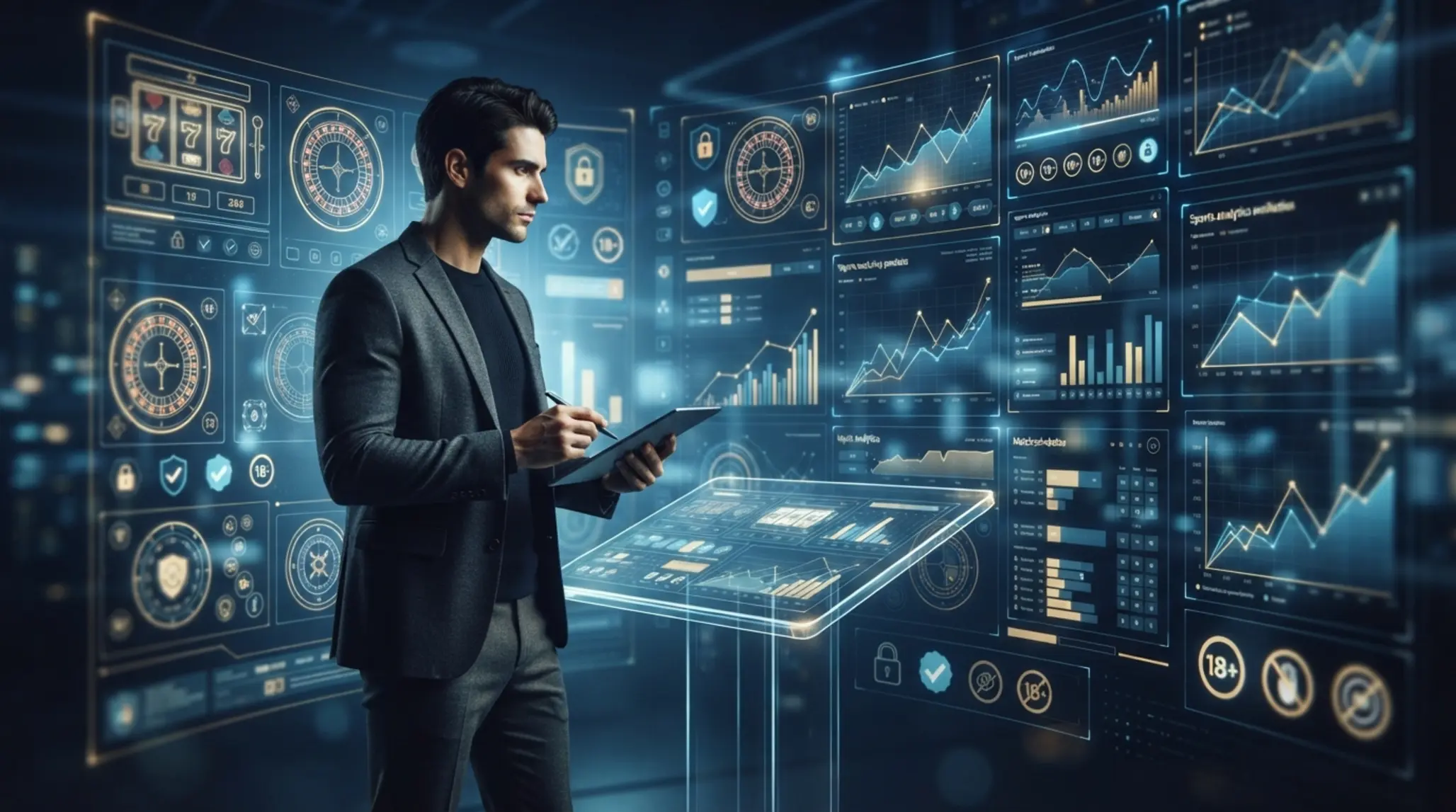 Silueta experta na iGaming na pozadí analytických panelů a herního rozhraní