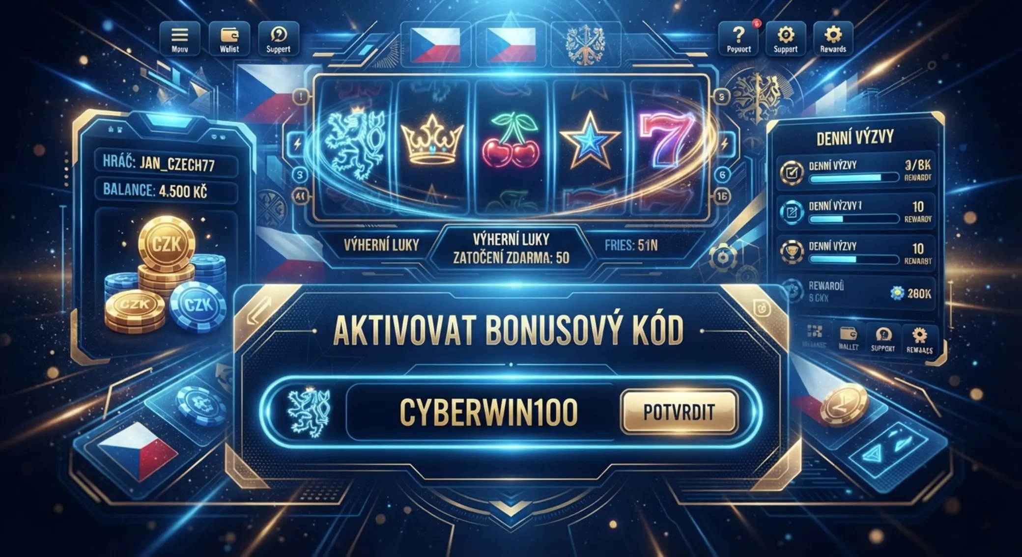 Ilustrace bonusových kódů zdarma s polem pro zadání kódu