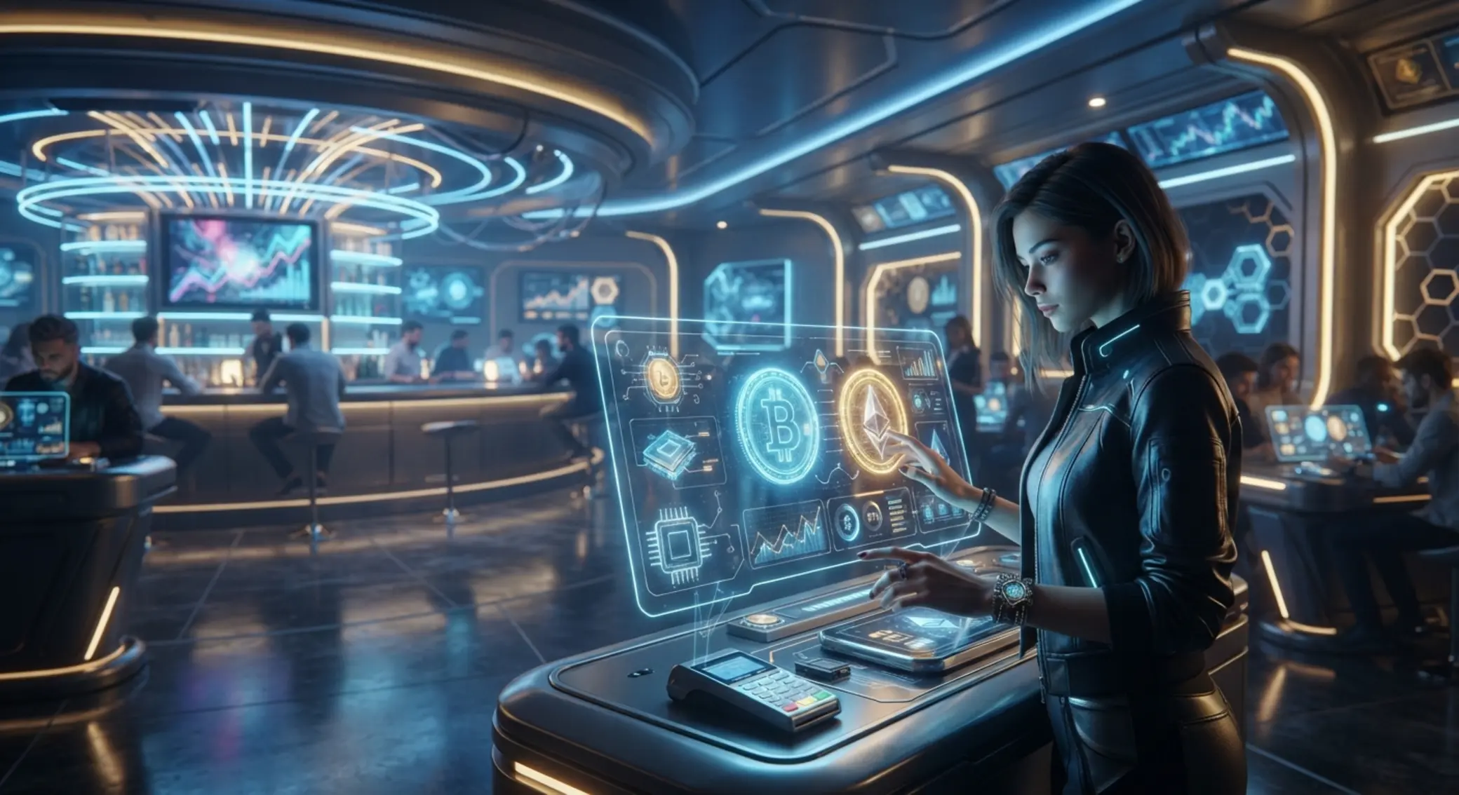Digitální prostředí s kryptoměnami a herními prvky pro téma crypto casino
