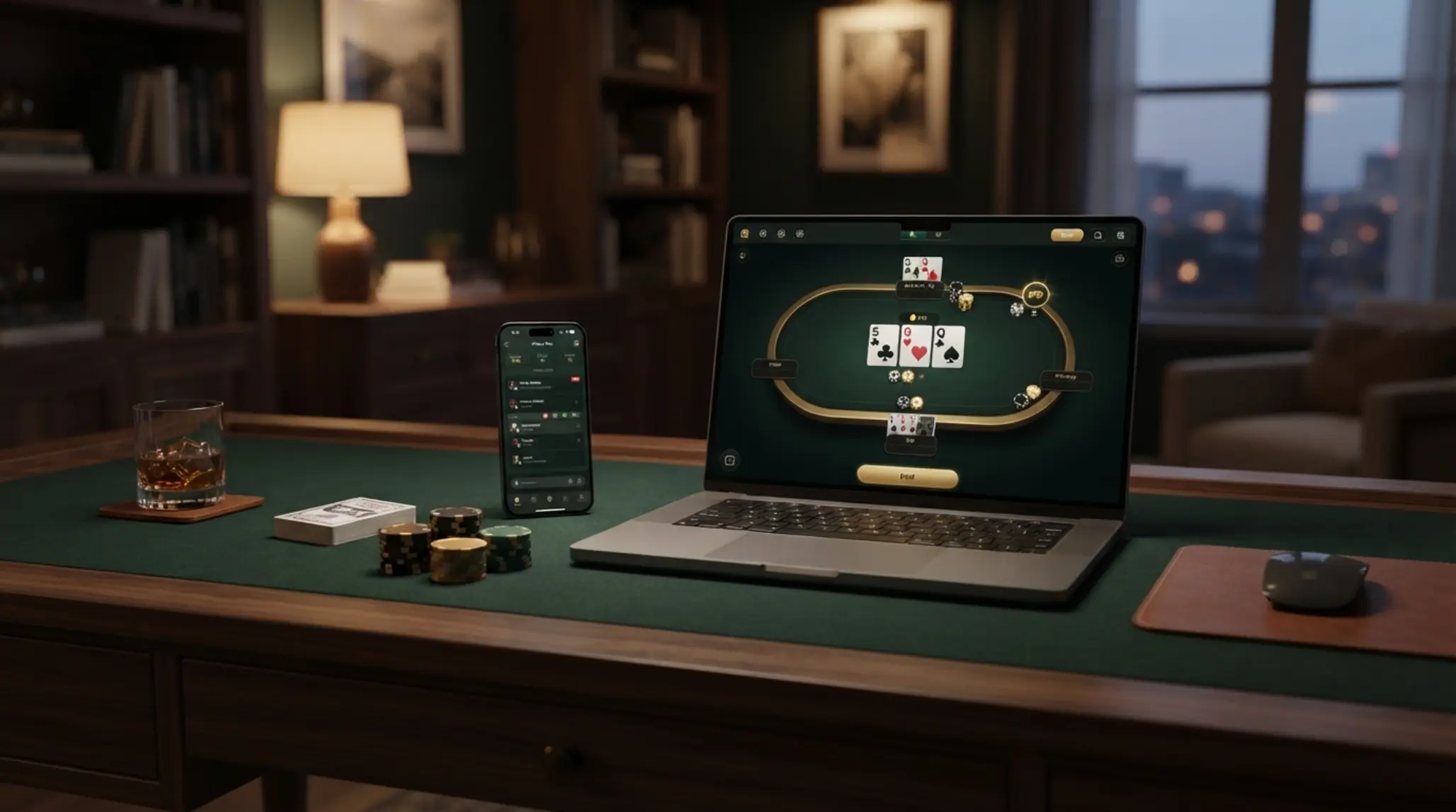 Online pokerový stůl s mobilem a notebookem v elegantním prostředí