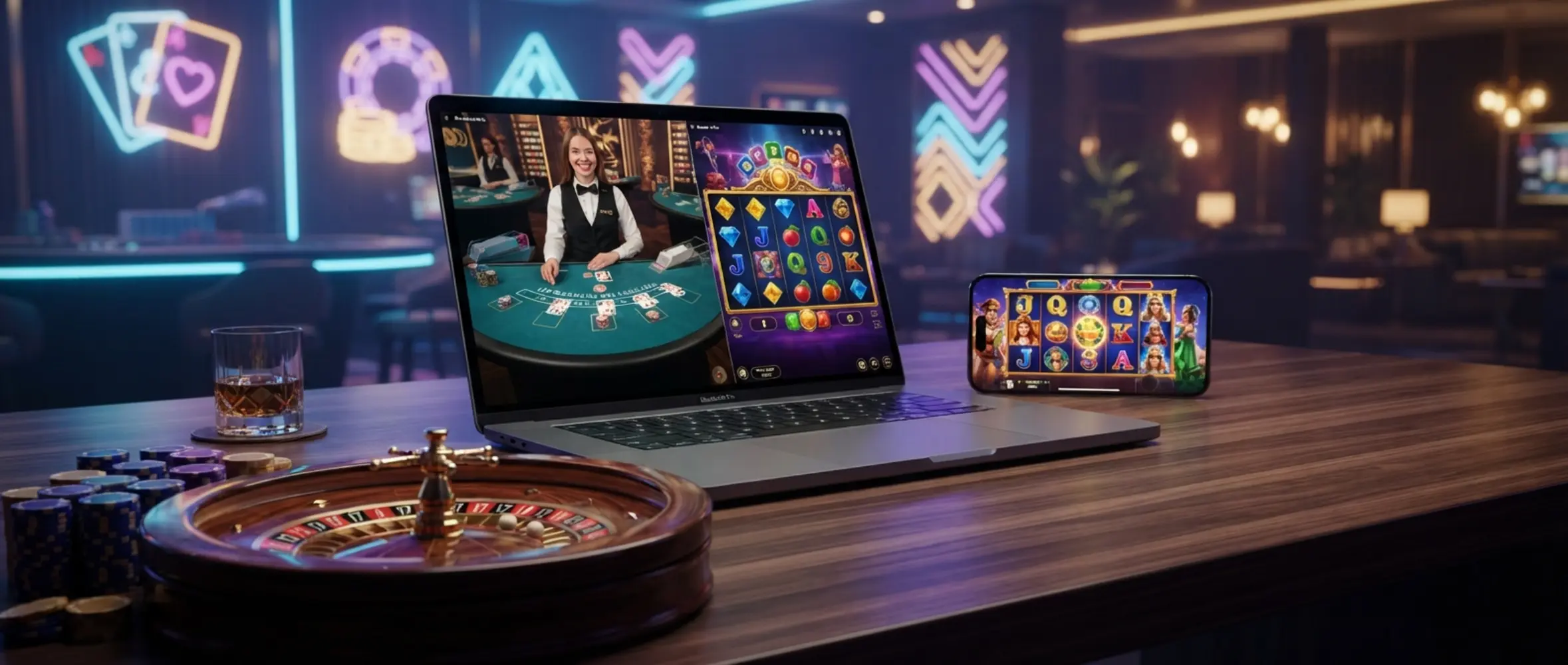 Moderní vizuál online her se sloty, ruletou a live dealerem na notebooku a mobilu