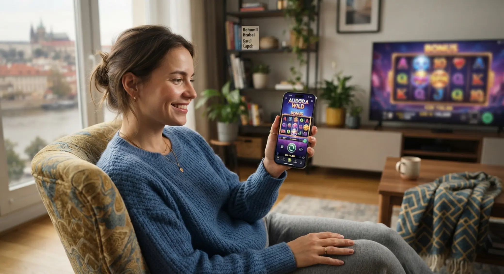 Hraní na mobilu odkudkoliv Hráč s mobilem a motivem výherního automatu při pohodlném hraní