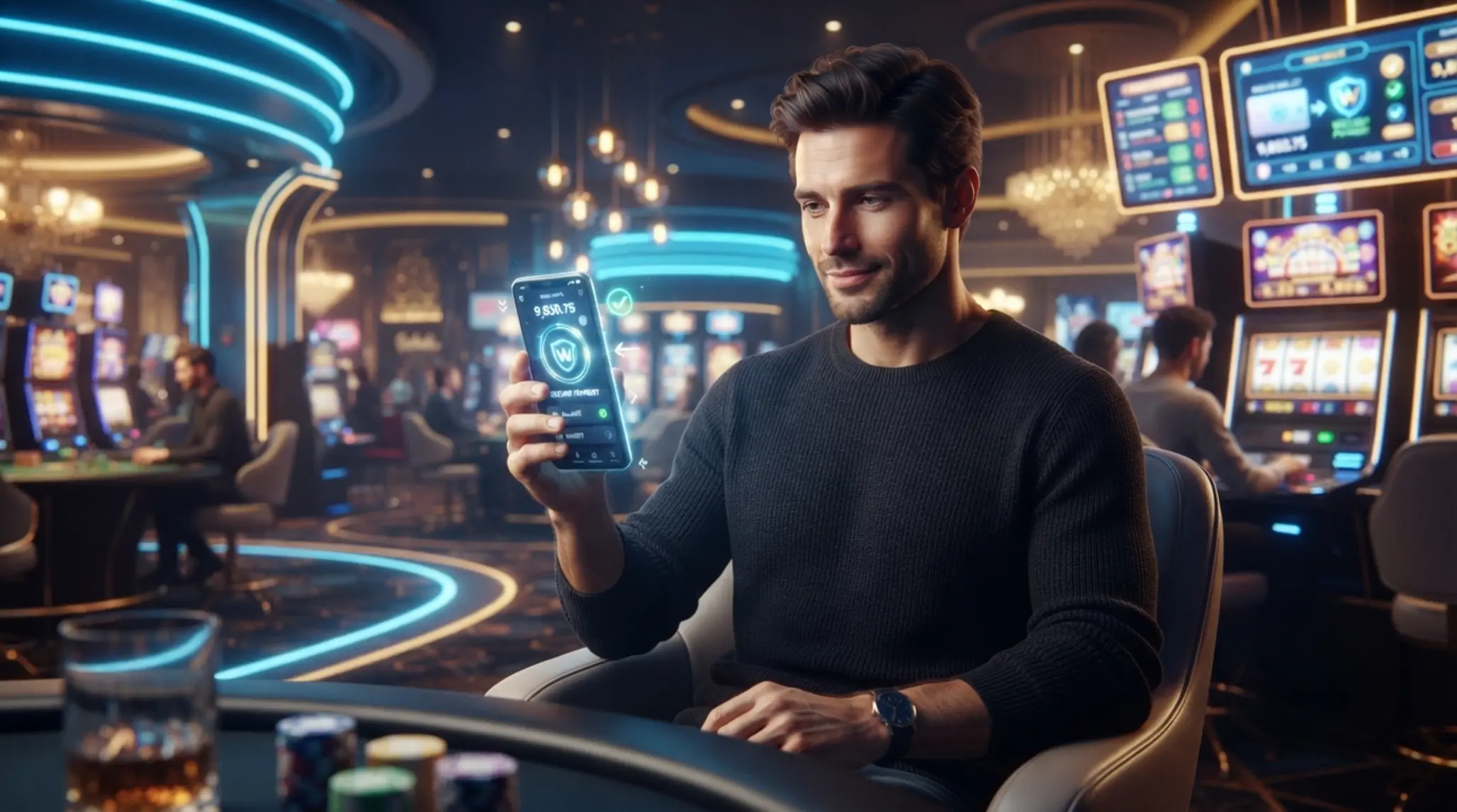 Hráč s mobilem a digitální peněženkou v prostředí online her