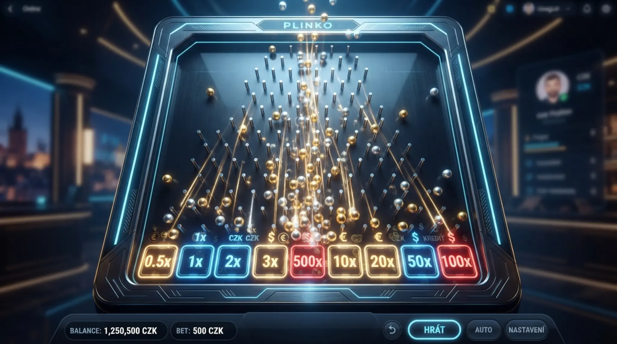 Hero banner s Plinko deskou, padajícími kuličkami a násobiteli