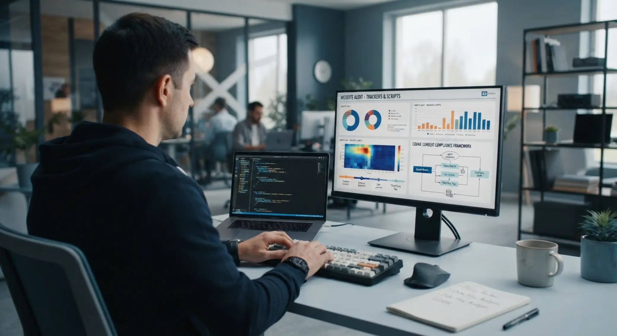 Expert analyzuje data a zásady cookies na obrazovce